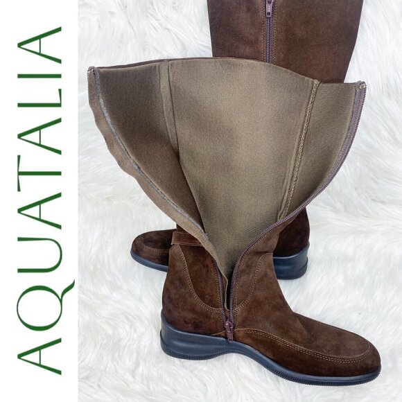 AQUATALIA SUEDE LEATHER KNEE BOOTS LOW WEDGE CHOCOLATE BROWN, Size 38 - Picture 10 of 14